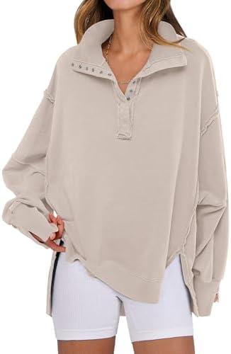 ANRABESS Women's Sweatshirts Oversized Casual Loose Button Up Henley Pullover Top High Low Split 2025 Fall Fashion Outfits Beige L