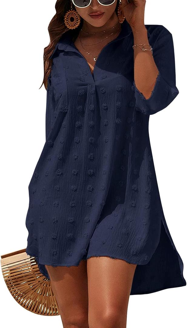 Blooming Jelly Womens Swimsuit Coverups White Chiffon Bikini Swimwear Beach Cover Up Dress Shirt (Large, Midnight Blue)