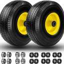 4.10/3.50-4" Flat Free Tire and Wheel, 10" Solid Tire with 5/8" Axle Bore Hole with 3/4" & 1/2" Extra Bearings, 2.2" Offset Hub for Wheelbarrow Hand Truck Garden Wagon Cart Trolley Dolly Lawn Mover (yellow)