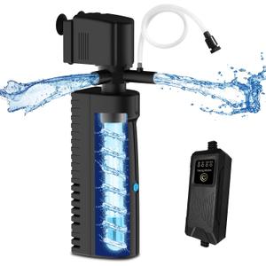Aquarium Filter for 70-100 Gallon Tank, U-V Fish Tank Green Clean Machine, 300GPH Submersible Powerful Pump Filter for Turtle Tank & Small Pond, Large Internal Tank Filter with Timer