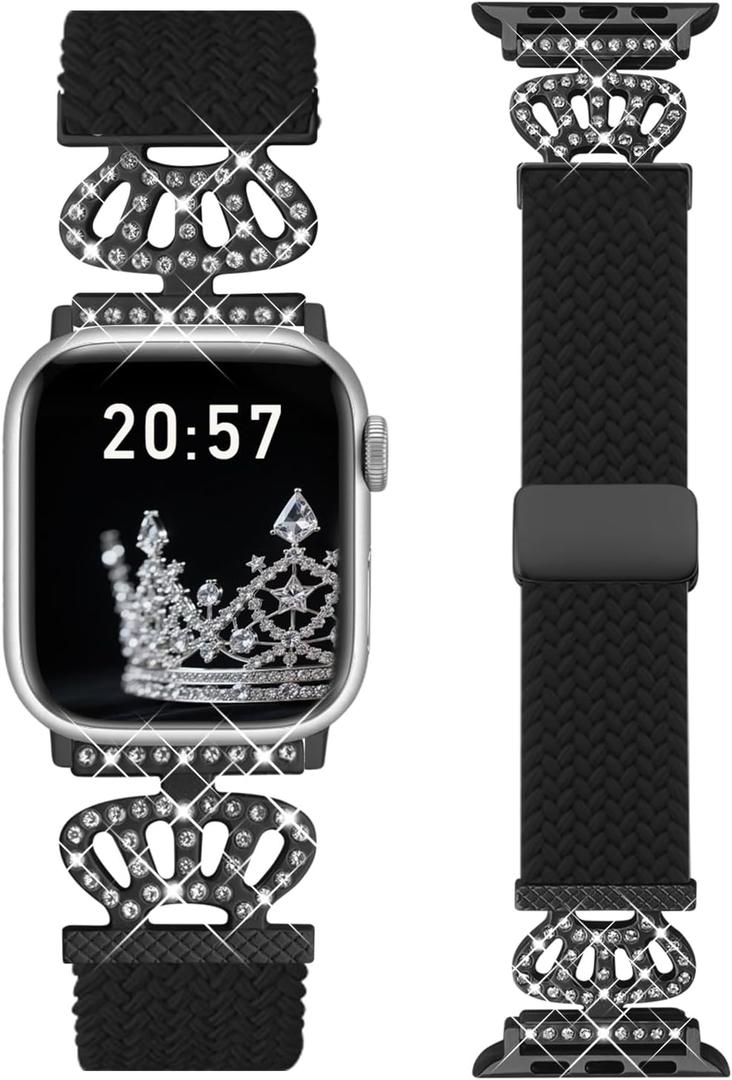Braided Band Compatible with Apple Watch Bands 40mm 38mm 41mm 42mm 44mm 45mm 46mm 49mm,Magnetic Soft Nylon Stretchy Strap with Designer Bling Crown Strap for Series 10/9/8/7/6/5/4/3/2/SE/Ultra (38mm/40mm/41mm/42mm(Series 10)