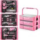 WORKPRO Pink Tool Set with Drill, 43PCS Power Drill Set with Toolbox, 8V Lithium-ion Cordless Drill and Bits, 2.0 Ah Portable Electric Screwdriver Home Tool Set with Stackable Box- Pink Ribbon