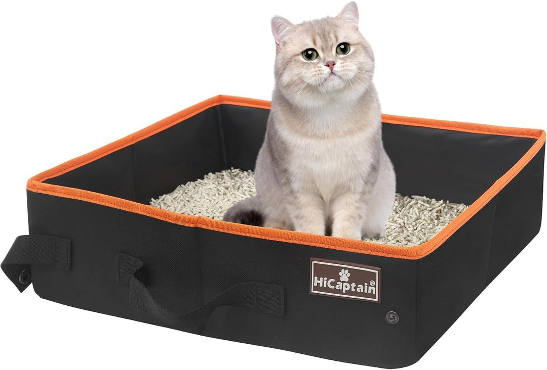 HiCaptain Portable Cat Travel Litter Box, Foldable Litter Box for Travel in Car, Collapsible Toliet Tray Carrier for Small and Medium Cats - Black