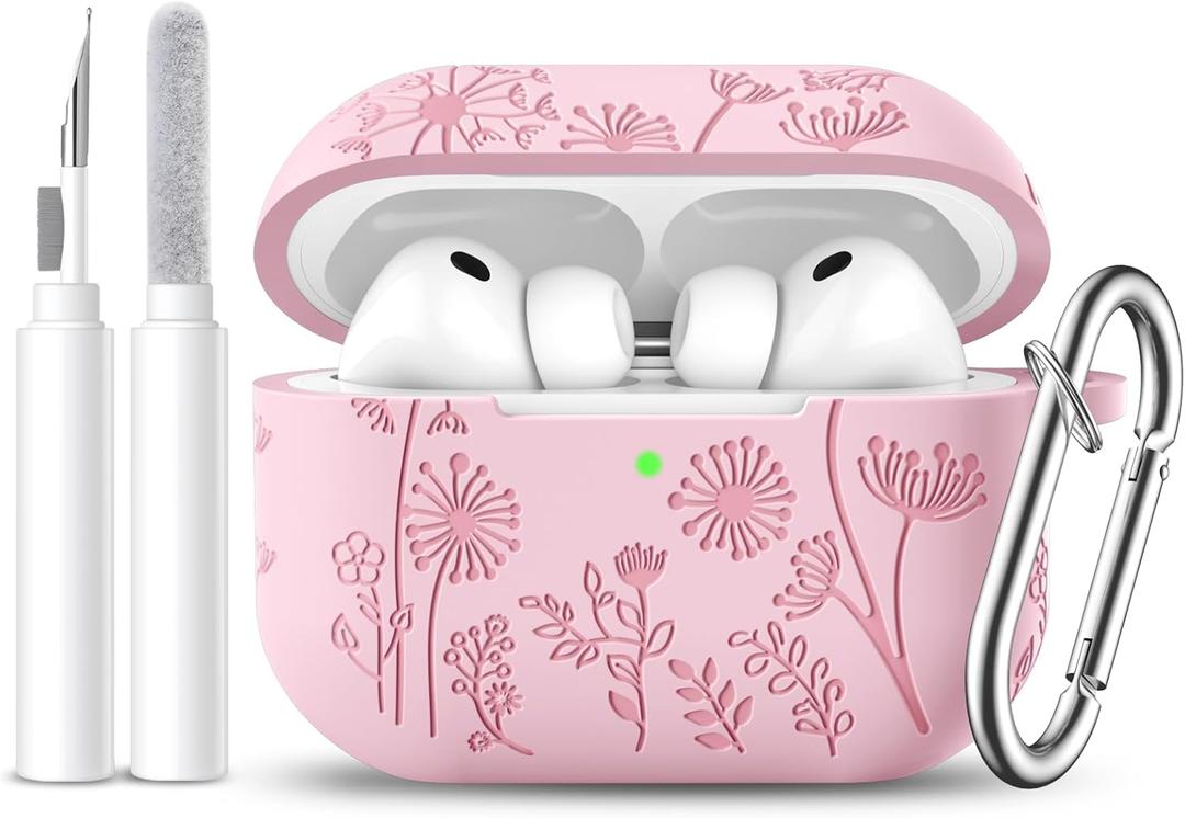 Lerobo for AirPods Pro 3 Case Cover with Cleaner Kit, Cute Flower Engraved Silicone Protective Cover with Keychain Compatible with Apple AirPod Pro 3rd Generation Case 2025 for Women and Girls, Pink