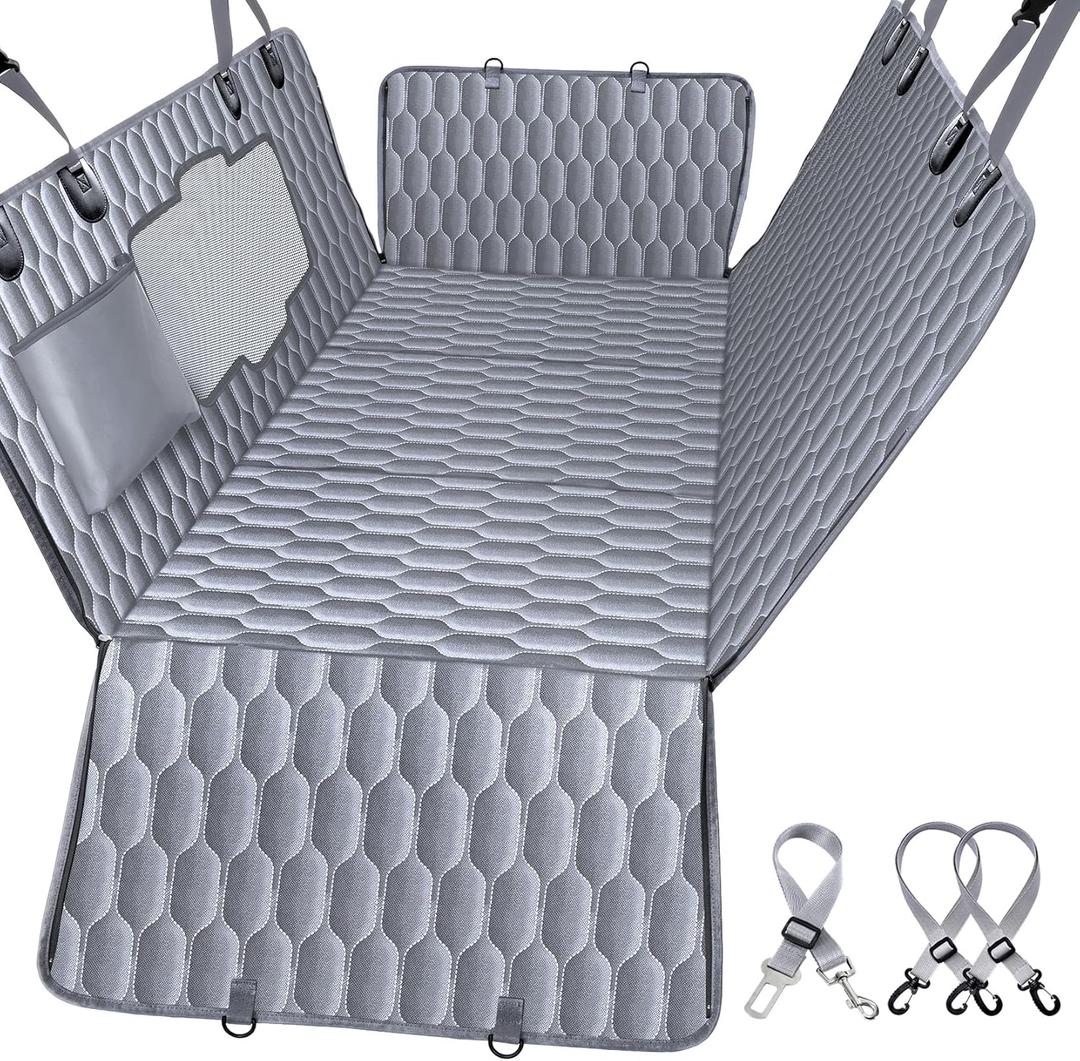 Back Seat Extender for Dogs-Supports 400lb, Waterproof Dog Car Seat Cover Hard Bottom-Detachable, 600D Heavy Duty Scratch Proof Nonslip Soft, Dog Hammock for Car, SUVs-Grey (L Pickup Truck/Cars / Mid-Size SUV)