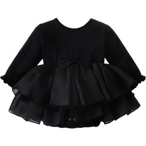TENTIDE Baby Girl My Little Black Dress Romper Cotton Ruffle Long Sleeve Tutu Dress Birthday Party Fall Winter Clothes (Black, 12-18 Months)