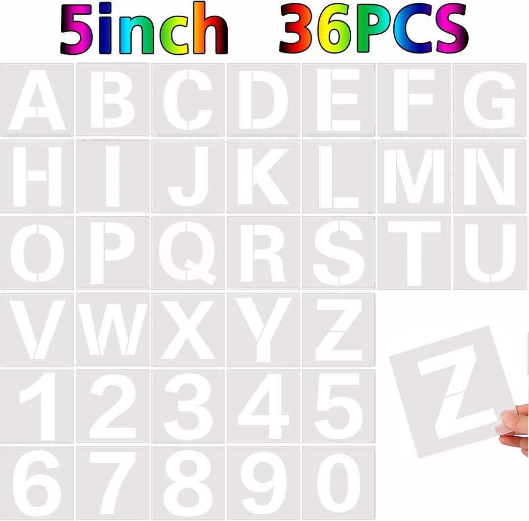 36 Pcs Large Alphabet & Number Stencils, Reusable Letter Stencils for Painting on Wood, Wall, Fabric, Rock, Chalkboard, Glass (5 Inches)