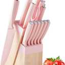 Knife Set, 14-Piece Kitchen Knife Block Set Dishwasher Safe with Wood Block,Sharpener,Non Stick Sharp Stainless Steel Chef Knife Sets,Gift for Cooking Women (Pink)