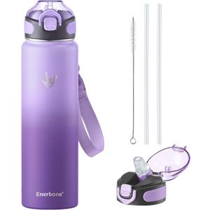 Enerbone 32 oz Insulated Water Bottle, Stainless Steel Bottle with Carrying Strap, Double-Wall Vacuum Insulation Design, Leakproof Sports Bottle with Straw, Keep Drinks Cold or Hot for Hours (Lavender)