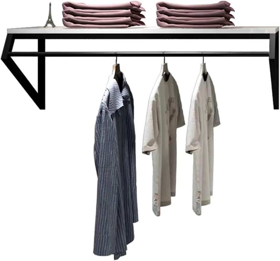 Modern Simple Men's and Women's Clothing Store Heavy Duty Metal Display Stand,Wall-Mounted Garment Rack with Wood,Clothes Rail,Bathroom Hanging Towel Rack (Black Square Tube, B-59" L)