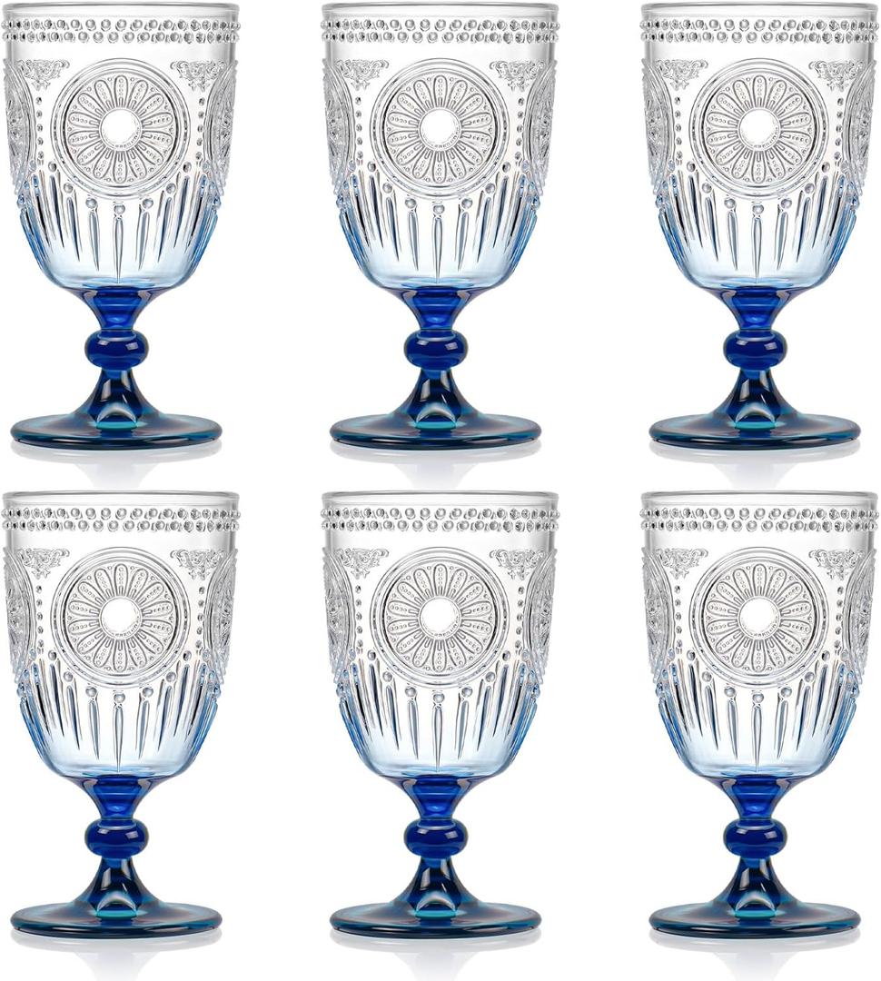 XUWAIDSGN 6Pcs Plastic Vintage Wine Glasses 13.5oz Reusable Embossed Goblet Glasses Blue Gradient Retro Wine Glassware Unbreakable Stemmed Champagne Water Cups for Wine Cocktail Juice Wedding