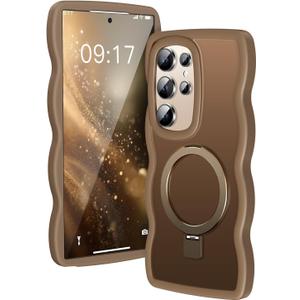 [Magnetic Stand & Cute Wave Frame]Case for Samsung Galaxy S24 Ultra [Fit for MagSafe]MIL-Grade Drop Protection Non Yellowing Matte Translucent Back Phone Case Cover for Galaxy S24 Ultra, Desert Gold