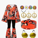 Jiuguva 17Pcs 60s 70s Outfits for Women Hippie Costume Set Disco Outfit Dress Boho Flared Pants Hippie Shirt Headband, Large 