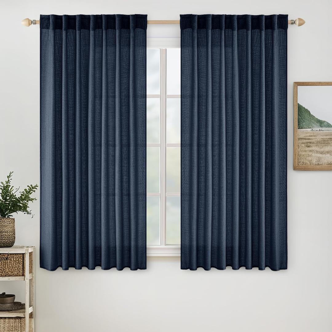 MIULEE Navy Blue Short Linen Curtains 45 Inch Length 2 Panels for Boys Bedroom Bathroom, Soft Thick Linen Textured Natural Kitchen Window Drapes Semi Sheer Light Filtering Back Tab Burlap Look Decor