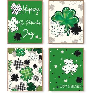 2 x LARTSFRO St Patricks Day Decorations Wall Art Prints, Green Lucky and Blessed Poster for Room Aesthetic Prints for Nursery Baby Kids Living Room Bedroom, Spring Gifts 10x8 Inch Set of 4 Unframed