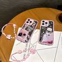 for iPhone 15 Pro Max Case, [Cute White Cat Pattern][Shiny Mirror Case][2-in-1 Bead Wrist Strap], Soft TPU Frame, Shockproof and Drop-Proof, Suitable for Women & Girls
