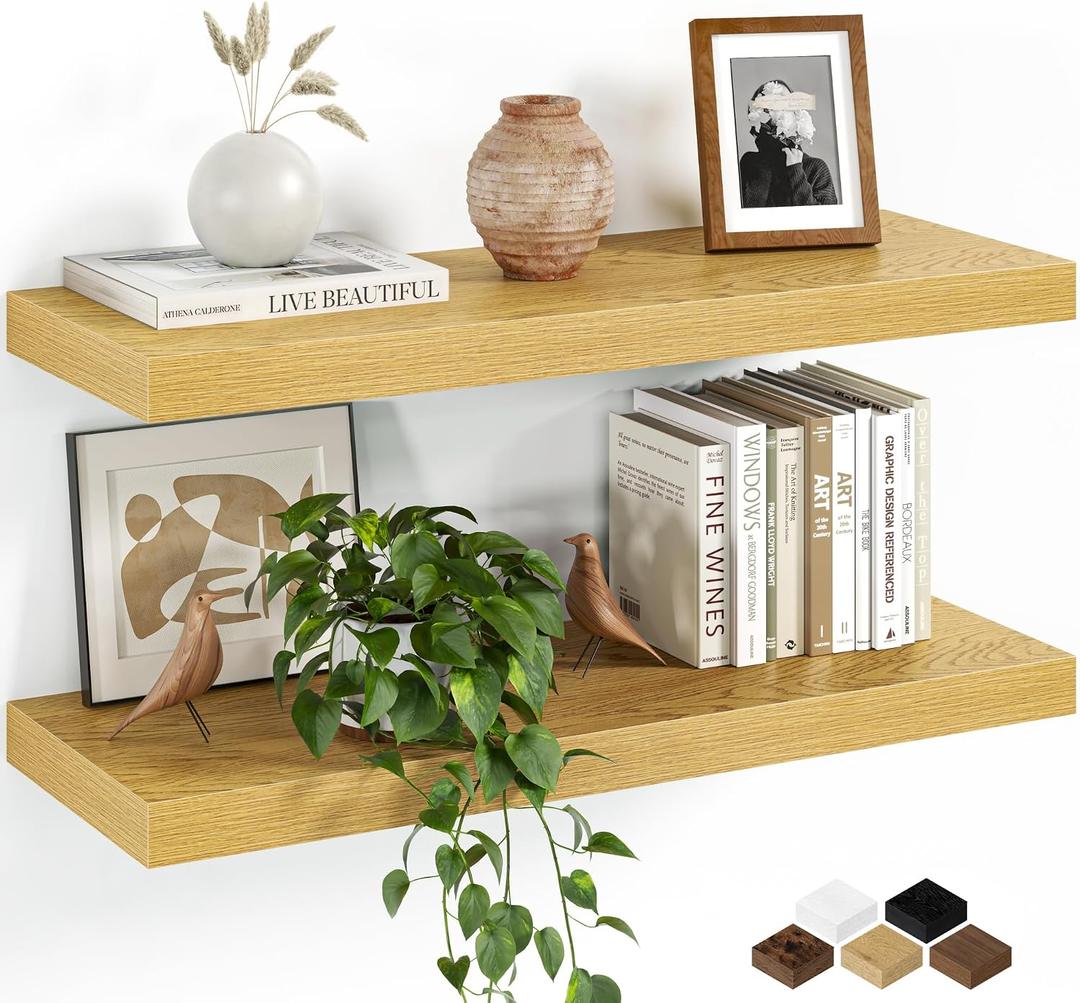Floating Shelves for Wall, 24 Inch Set of 2 Rustic Wood Wall Shelves with Invisible Brackets, Heavy Duty Storage Display for Living Room Bedroom Kitchen, Oak