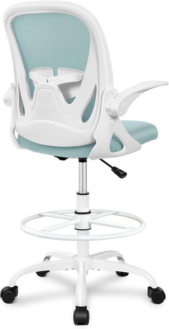 Primy Drafting Chair Tall Office Chair with Flip-up Armrests Executive Ergonomic Computer Standing Desk Chair with Lumbar Support and Adjustable Footrest RingLight Blue (934-Z)