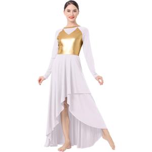 IBAKOM Women Gold Metallic High Low Praise Dance Dress Long Church Liturgical Worship Costume Tunic Lyrical Dance Outfits (X-Large)