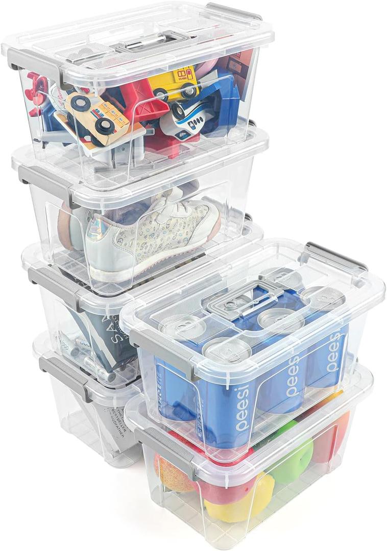 6 Pack Plastic Storage Bins with Lids 7 Quart Stackable Clear Storage Bins with Buckle Lids and Handle easy for Home Office Pantry Organization, Grey