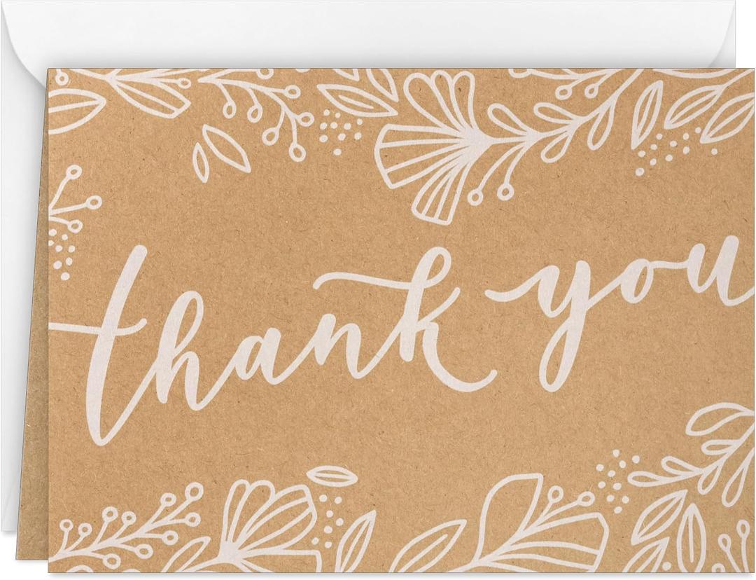Hallmark Bulk Wedding Thank You Cards, 100-Pack (Kraft, Flowers)