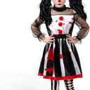 DIIQII Girls Scary Clown Costume: Black and White Bloody Jester Dress with Headband Leggings for Halloween Creepy Dress Up, Size Medium