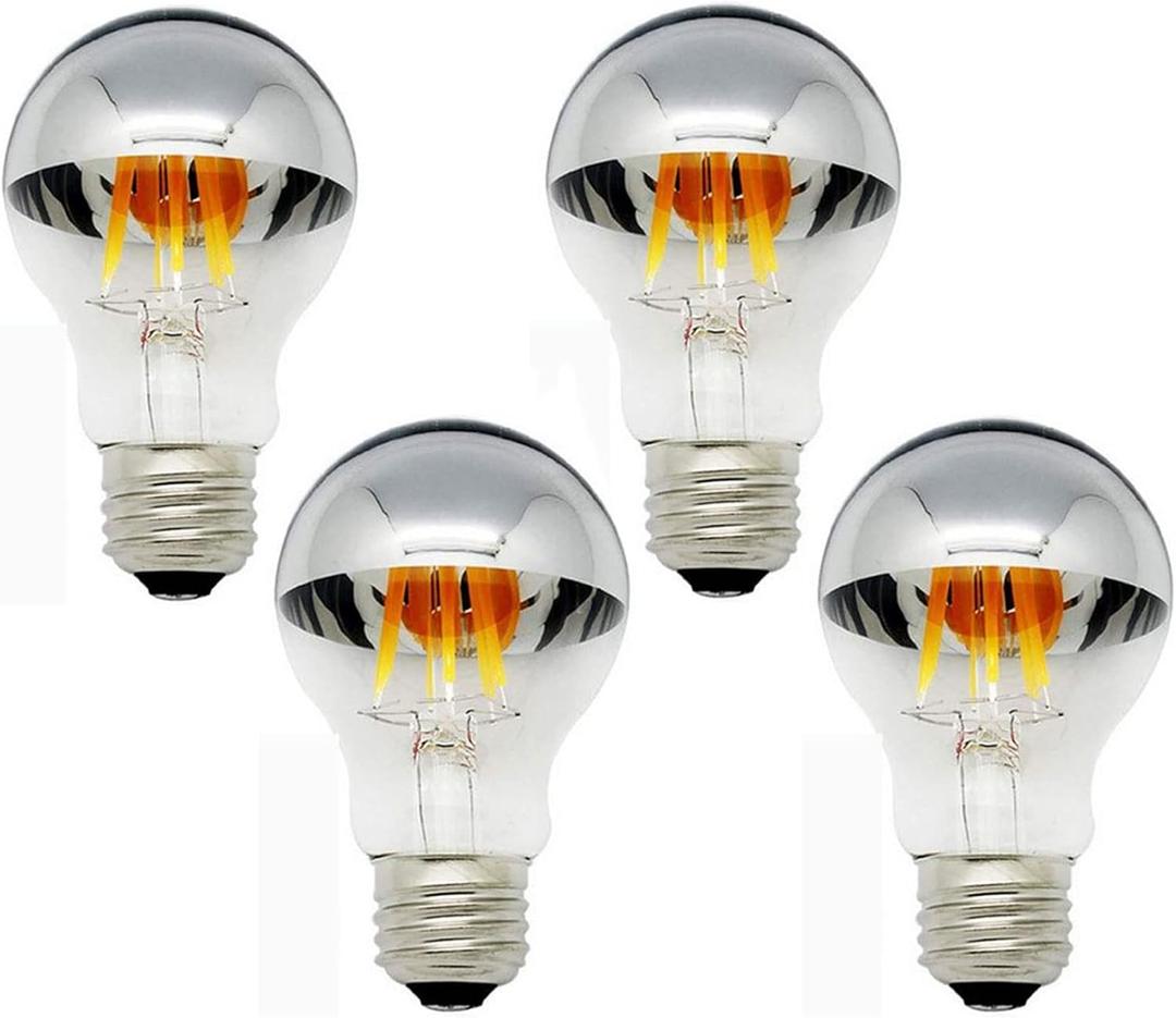 Edearkar A19 Half Chrome Light Bulb 6W Dimmable, E26 Base Daylight White 6000K 60W Equivalent 600lm Decorative Silver Mirror LED Edison Bulb for Indoor Living Room, AC110V, E26 Base, Pack of 4
