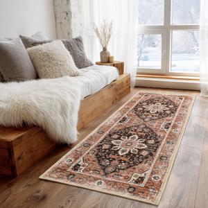 XWZO Runner Rug 2x6ft, Washable Hallway Runner with Non-Slip Backing, Vintage Spill Stain Resistant Floor Mat for Entryway Corridor Bedroom Kitchen, Soft Low-Pile Area Carpet, Brick Red