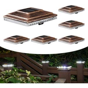 Solar Post Cap Lights,Outdoor Deck Fence Post Lights,Powerful Lithium Battery 20Lumens Two Light Modes Warm White/Bright White Suitable for 4x4 5x5 Wooden Posts,4x4 Viny Posts (Brushed Copper, 6pk)