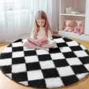 KICMOR Round Rugs 5ft for Bedroom Living Room, Black and White Fluffy Soft Circle Area Rug Fuzzy Shag Shaggy Plush Carpet, Indoor Checkered Circular Rug for Kids Room Nursery Home Decor Aesthetic