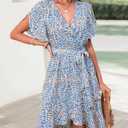 Womens Wrap V Neck Short Sleeve Dress 2025 Summer Floral Boho Dress Ruffle A Line Flowy High Low Midi Dresses (XL)