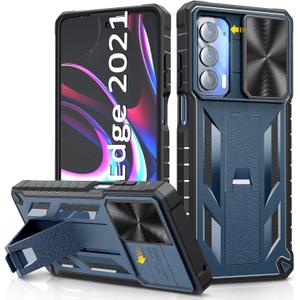 for Motorola Moto Edge 2021 Case | Edge 5G UW Case: Kickstand & Slide Lens Protector Cover - Shockproof Rugged Military Grade Protective Case for Men Women - 6.8 inch Armor Designed - Blue