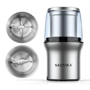 Secura Electric Coffee Grinder and Spice Grinder with 2 Stainless Steel Blades