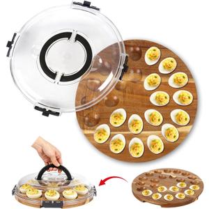 Deviled Egg Containers with Lid, Deviled Egg Platter Tray Carrier Plate Holder with 24 Slots, Acacia Wood Egg Dish for Easter Gift Party Holiday Kitchen Home (Black)