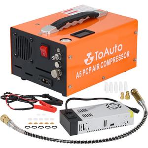 TOAUTO A5 4500Psi 30Mpa PCP Air Compressor,12V DC/110V AC PCP Airgun Compressor with Built-in Fan& Water/Oil-Free& One Button Start, with Adapter HPA Compressor for Paintball/PCP Rifle/Mini Scuba Tank