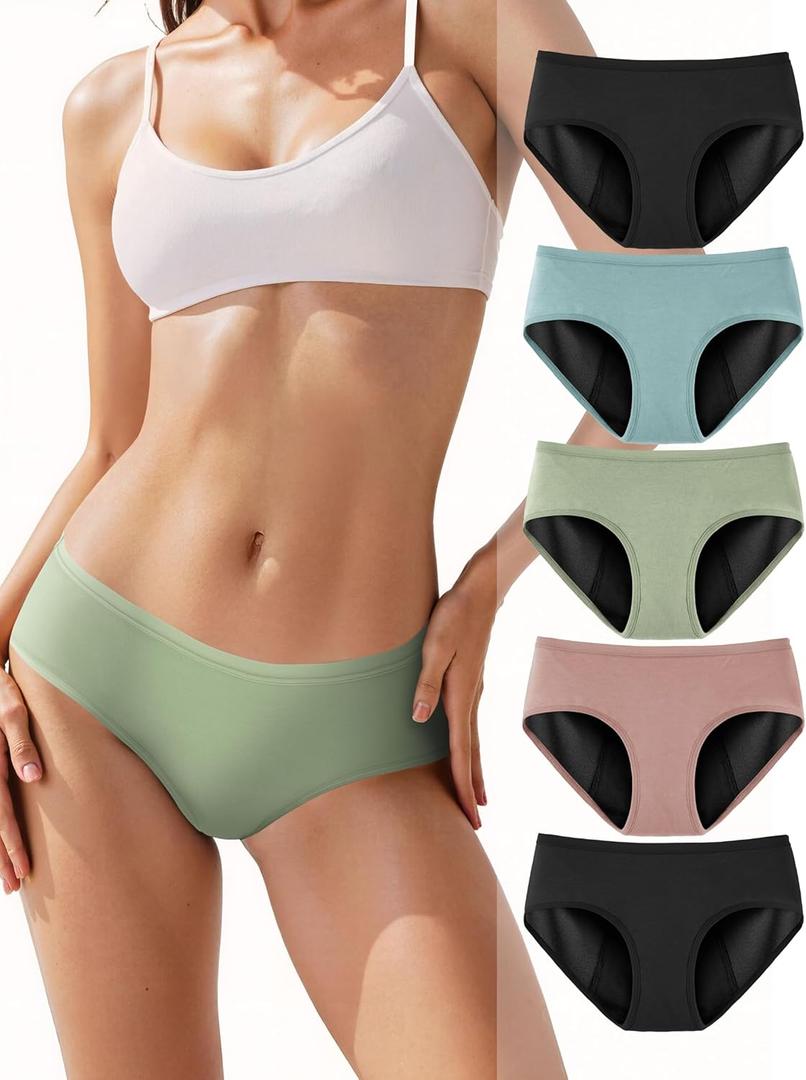 TIICHOO Period Underwear for Women Heavy Flow Soft Menstrual Panties Teens Ladies Leakproof Incontinence 5 Pack (X-Small, 2 Black/1 Turquoise Green/1 Rose Gold/1 Matcha Green)