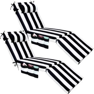 RattanView 2 Pcs Outdoor Chaise Lounge Cushion with Pillow and Side Pockets Waterproof Lounge Chair Cushions for Outdoor Furniture Patio Lounger Pad for Outside Pool Lawn (Black White,72 x 21 x 4)