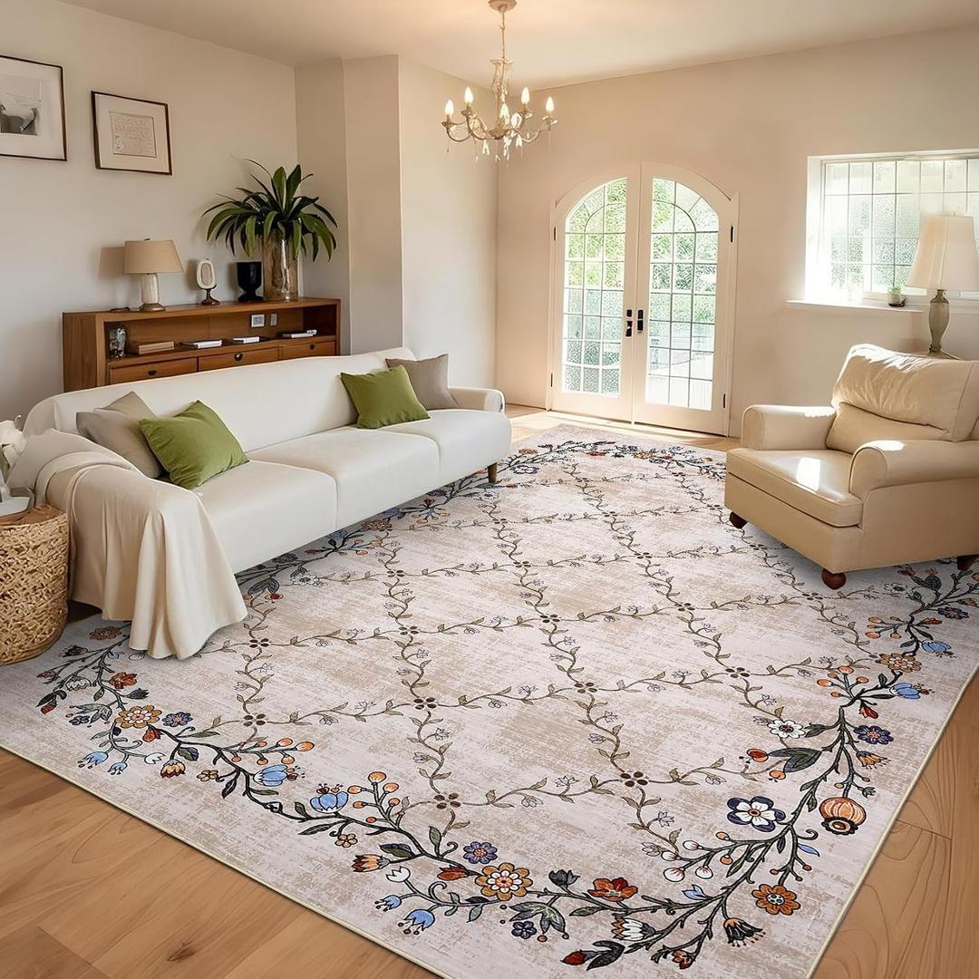 GarveeHome 10x13 Area Rugs for Living Room, Modern Floral Large Washable Rug with Non-Slip Backing, Soft Stain Resistant Low Pile Vintage Floral Carpet for Dining Room Bedroom Office, 10x13 Beige