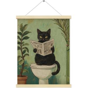 2 x QEJ Funny Black Cat Bathroom Wall Art Decor, Black Cat Bathroom Decor, Retro Green Botanical Kitten Reading Newspaper Canvas Poster Wall Decorations for Toilet Washroom Restroom, 12x16 Inch