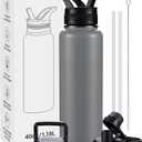 Insulated Water Bottles with Straw 40 oz Leak Proof, Vacuum Insulated Stainless Steel Sport Tumbler with 3 Lids Straw, Spout and Handle Lid for Sports, Gym or Office,Grey