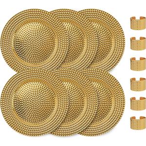 13 Inch Round Elegant Serve ware Charger Plates with Matching Napkin Rings, Wedding, Dinner party, Event - Choose from our Variety of Styles and Quantities (6, Hammered Gold)