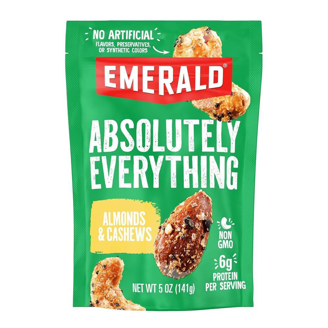 Emerald Nuts Absolutely Everything Almonds & Cashews (1-Pack) | 5oz Resealable Bag | Plant-Based Protein, Kosher Dairy Certified, Non-GMO | Contains No Artificial Preservatives, Flavors or Synthetic Colors Best By Oct 18, 2025