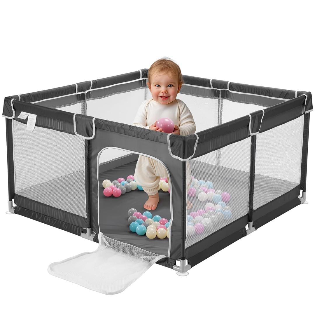 Navaris Baby Large Playpen - 51.2" x 51.2" (130 x 130cm) Breathable Mesh Playground with Safety Gate - Indoors Outdoors Play Pen for Babies and Toddlers - Extra Large Play Area