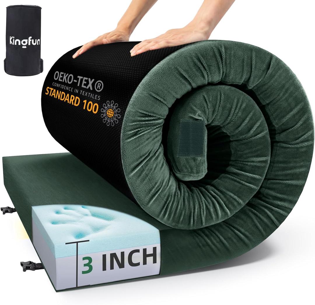 Kingfun 3 Inch CertiPUR-US Memory Foam Camping Mattress Pad, Waterproof Roll up Sleeping Pad, Thick Floor Sleeping Mats for Tent with Removable Travel Bag
