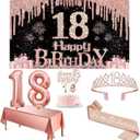 18th Birthday Decorations for Girls with Banner, Rose Gold Tablecloth, Number Balloons, 18th Birthday Sash and Tiara, Cake Topper and Candles