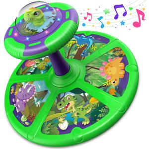 Flooyes Dinosaur Sit and Spin Toys for Toddlers Boys 1 2 3 Years Old, Birthday Gift for Boys Age 2-4 with LED Lights and Music, 360 Spin, Medium, Small