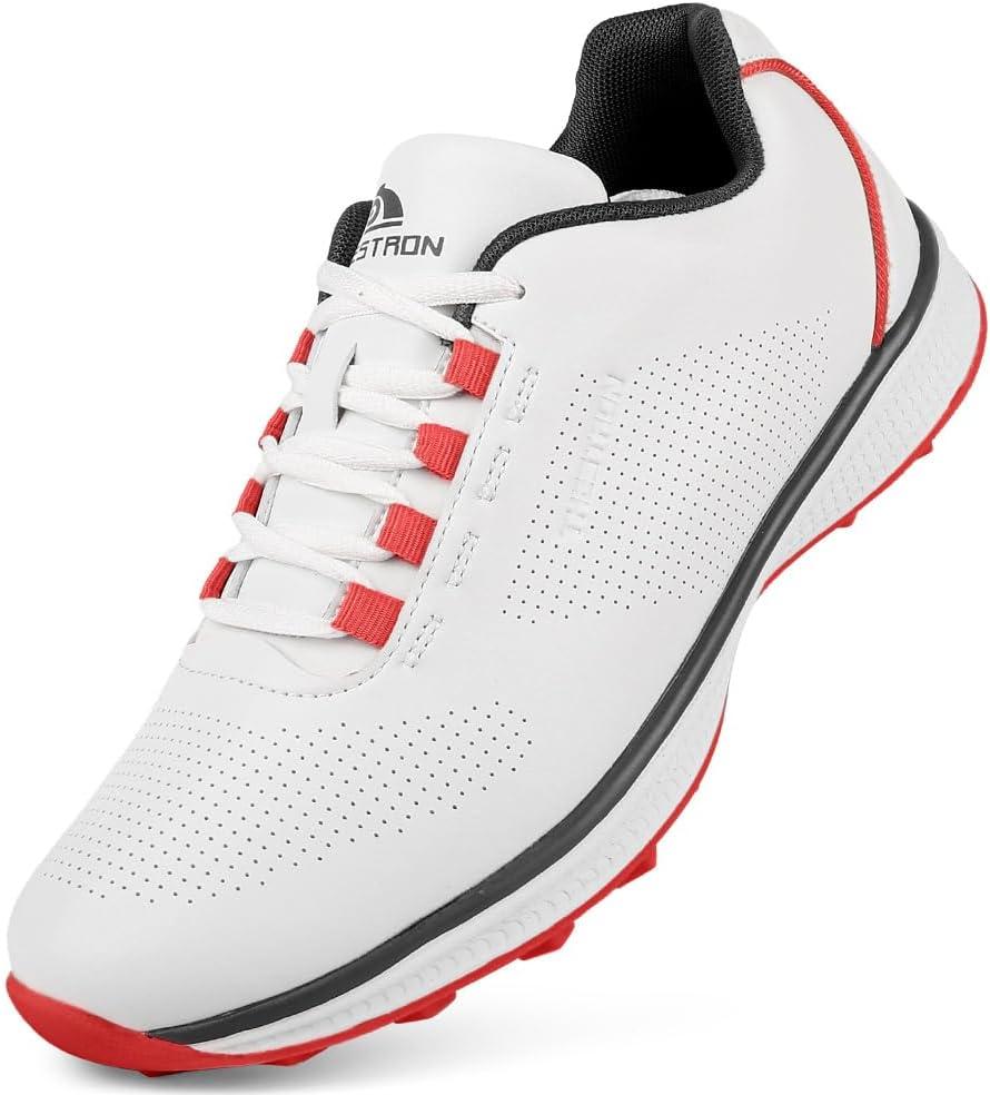 THESTRON Professional Men's Golf Shoes Lighweight Comfortable Spikeless Golf Sport Training Sneakers for Men (13, White Red)