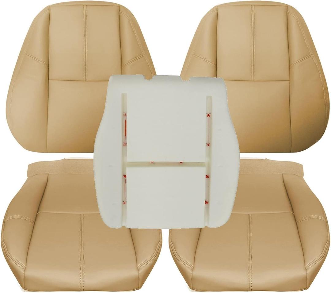 SecosAutoparts Driver and Passenger Side Bottom and Top Lean Back Replacement Leather Seat Cover and Driver Foam fit for Chevy Silverado fit for GMC Sierra Tahoe Suburban Avalanche Yukon 2007-2014 Tan
