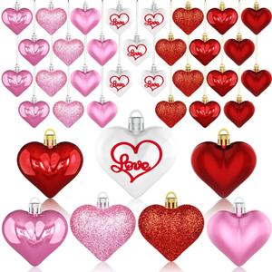 Valentine's Day Decor Heart Ornaments 36 Pcs Heart Shaped Baubles Red Pink White Hanging Decorations for Valentine's Day Christmas Wedding Anniversary