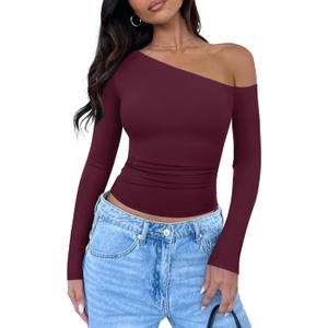 REORIA Womens 2025 Fall Fashion Long Sleeve Shirts Double Lined Casual Slim Fitted Off The Shoulder Tops (Small, Burgundy)